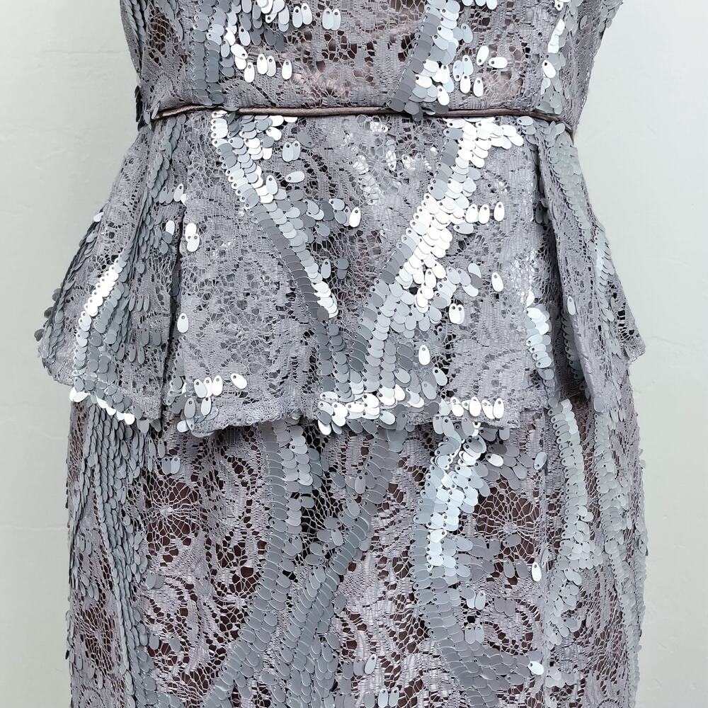 Adrianna Papell Silver Sequin Lace Sleeveless Peplum Sheath Pencil Dress SIZE 6 - Picture 3 of 10